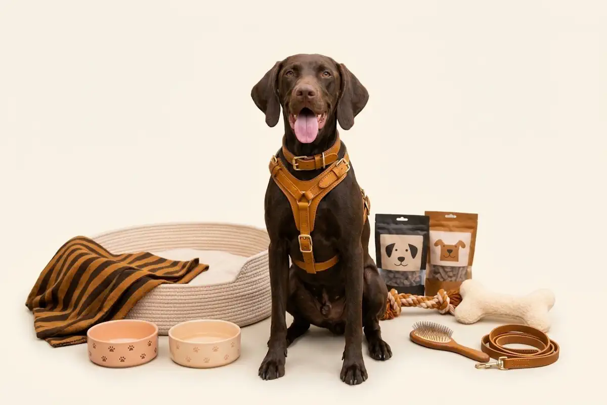 Glücklicher Hund mit Zubehör – Repräsentativ für Shops-Hunde.de